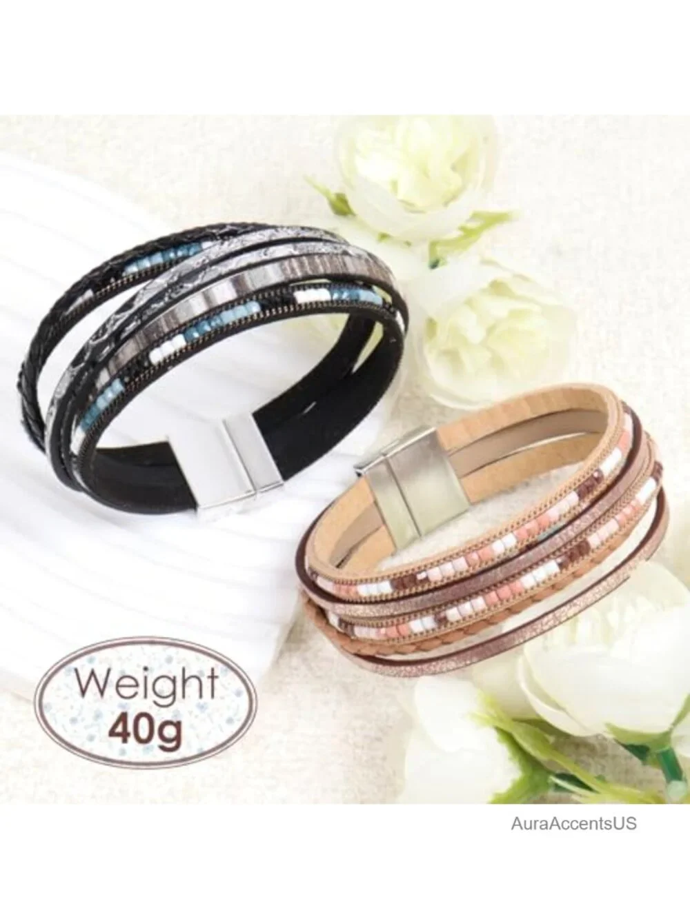 2Pcs Leather Wrap Bracelets Boho Multi-Layer Braided Stack Bracelets for Women